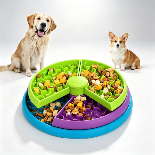 Two dogs next to the 3-in-1 rotating puzzle feeder filled with food