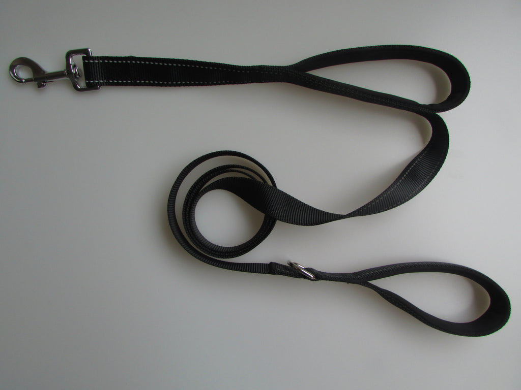 Black double handle reflective dog leash