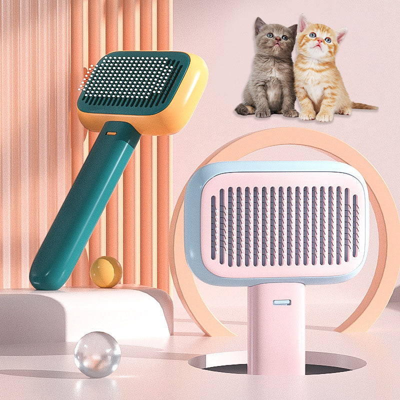 Self-cleaning slicker brushes in green and pink with kittens