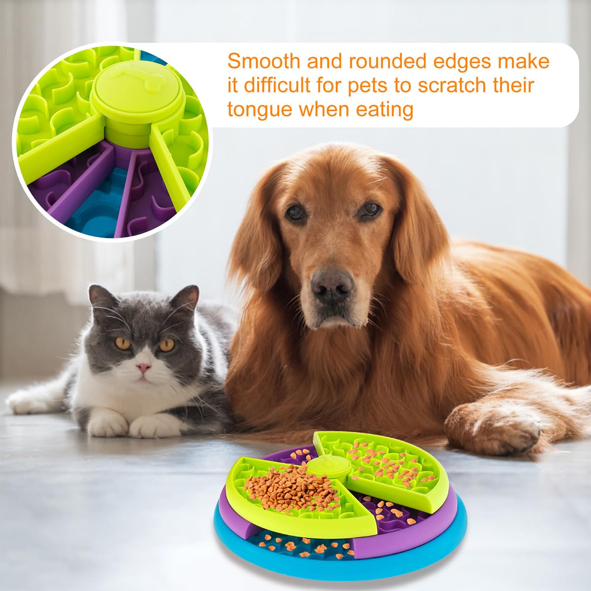 Golden retriever and cat with the puzzle feeder