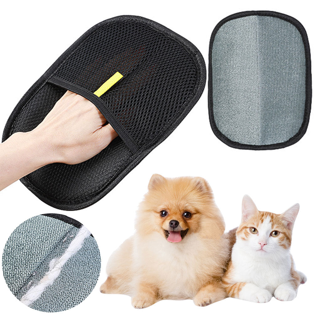 Pet hair remover mitt with a Pomeranian and cat