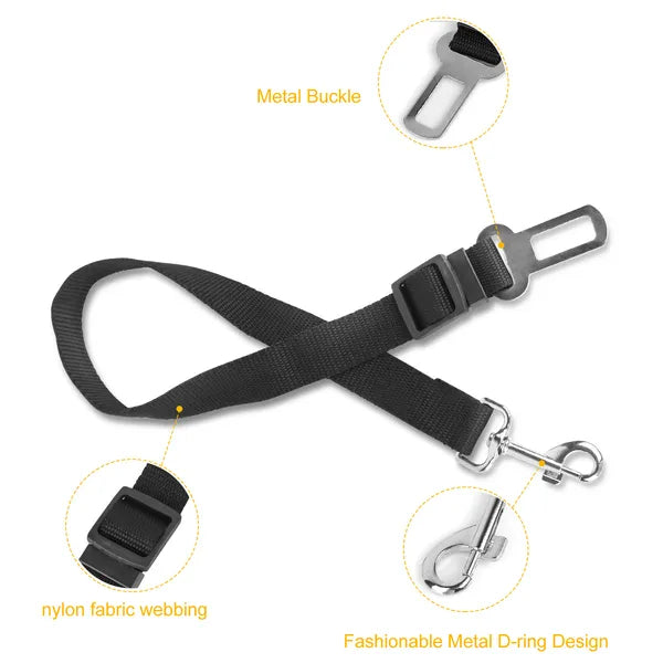 Seat belt leash details: metal buckle, nylon webbing and swivel clip