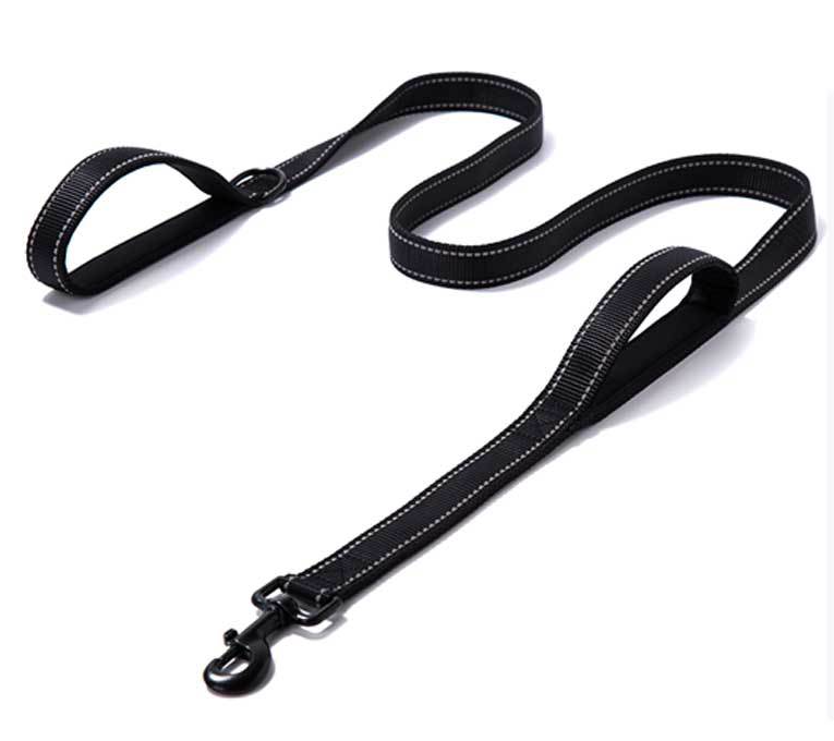 Black double handle reflective dog leash