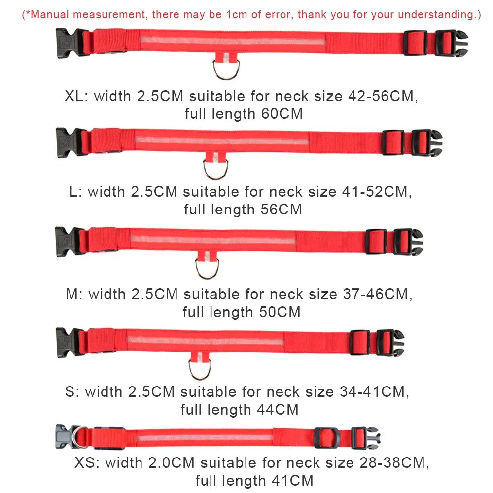 LED dog collar size chart XS to XL