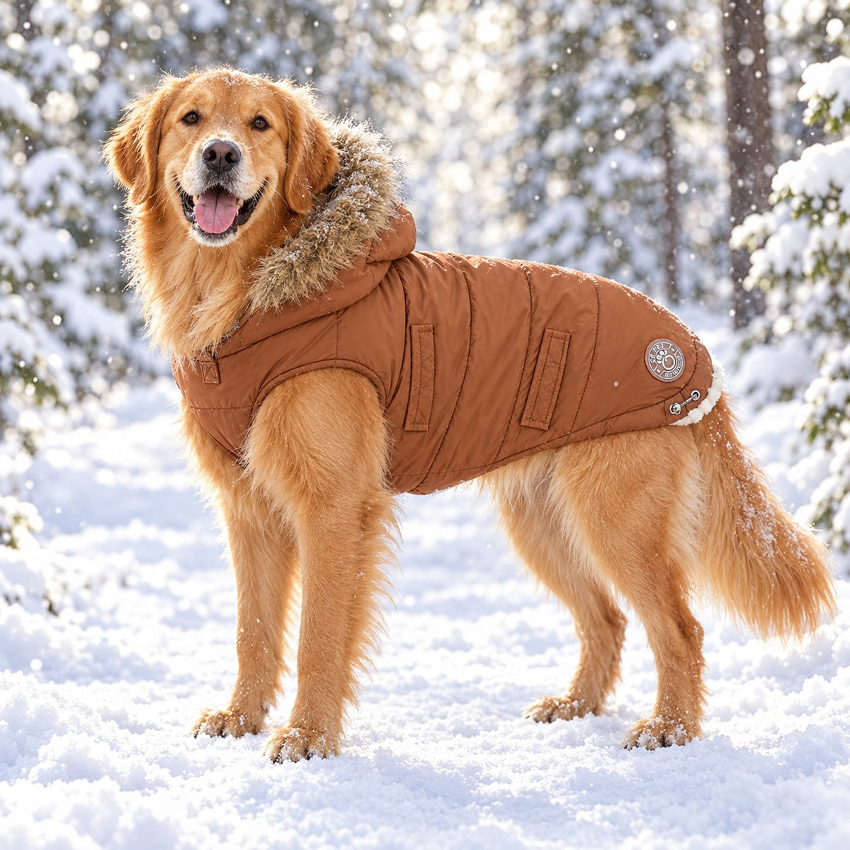 Golden retriever wearing the caramel Urban Dog Parka in the snow