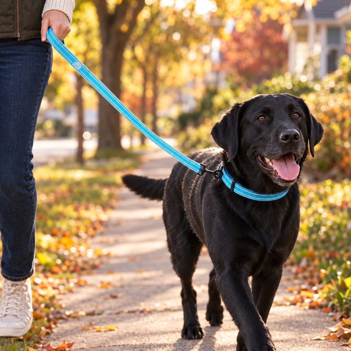 Black lab walking on the neon blue reflective leash on an autumn sidewalk