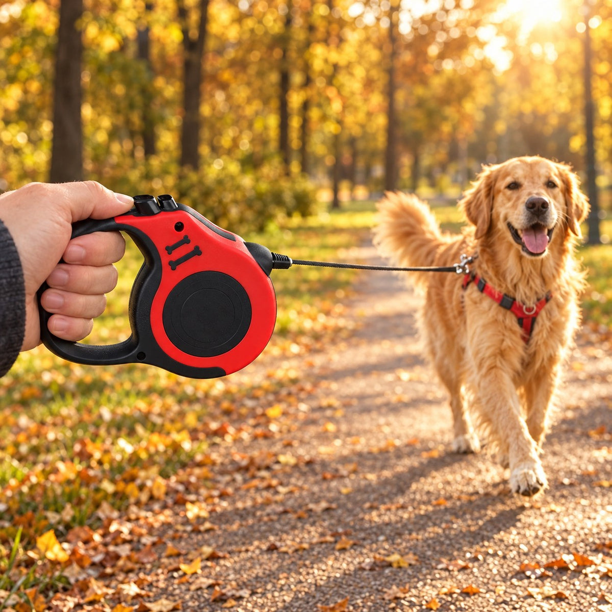 Golden retriever walking on the red retractable leash in an autumn park