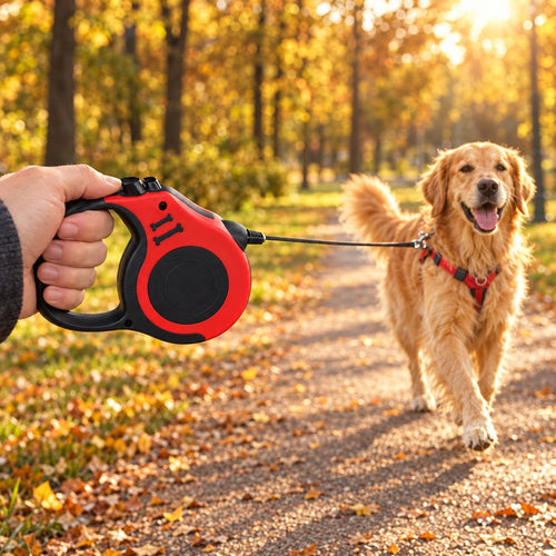 Golden retriever walking on the red retractable leash in an autumn park