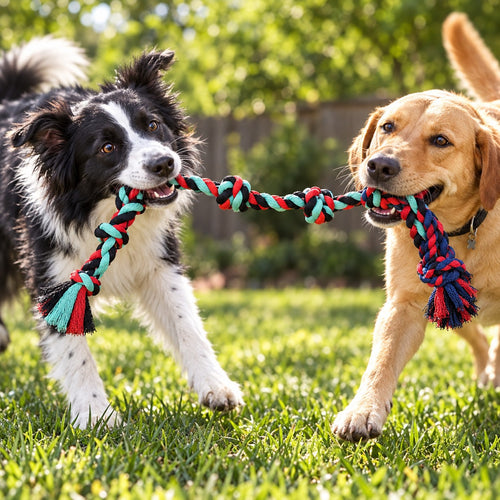 Two dogs playing tug-of-war with the knotted rope toy in a backyard